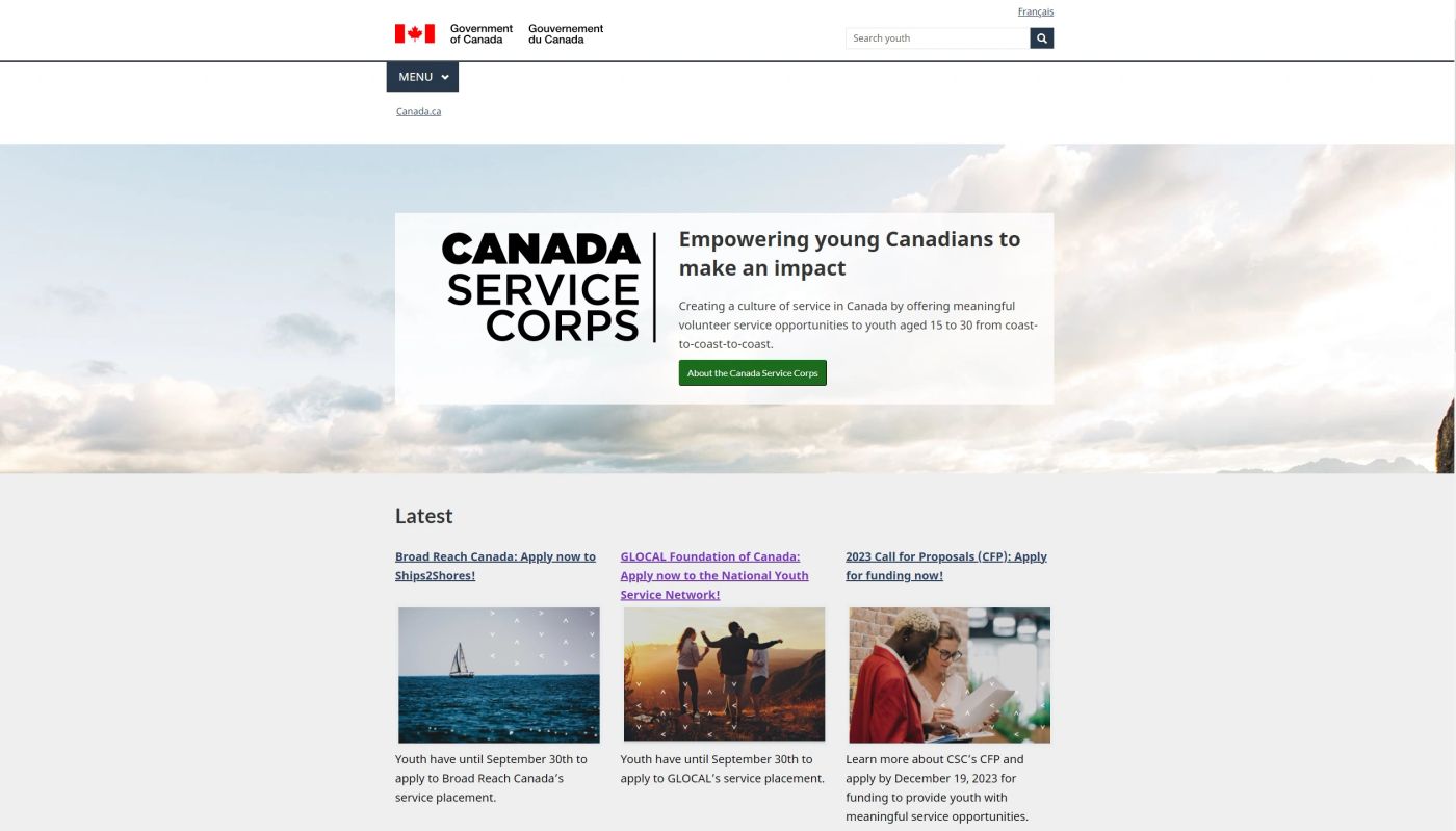 Canada Service Corps webpage empowering youth through volunteer service opportunities across Canada.