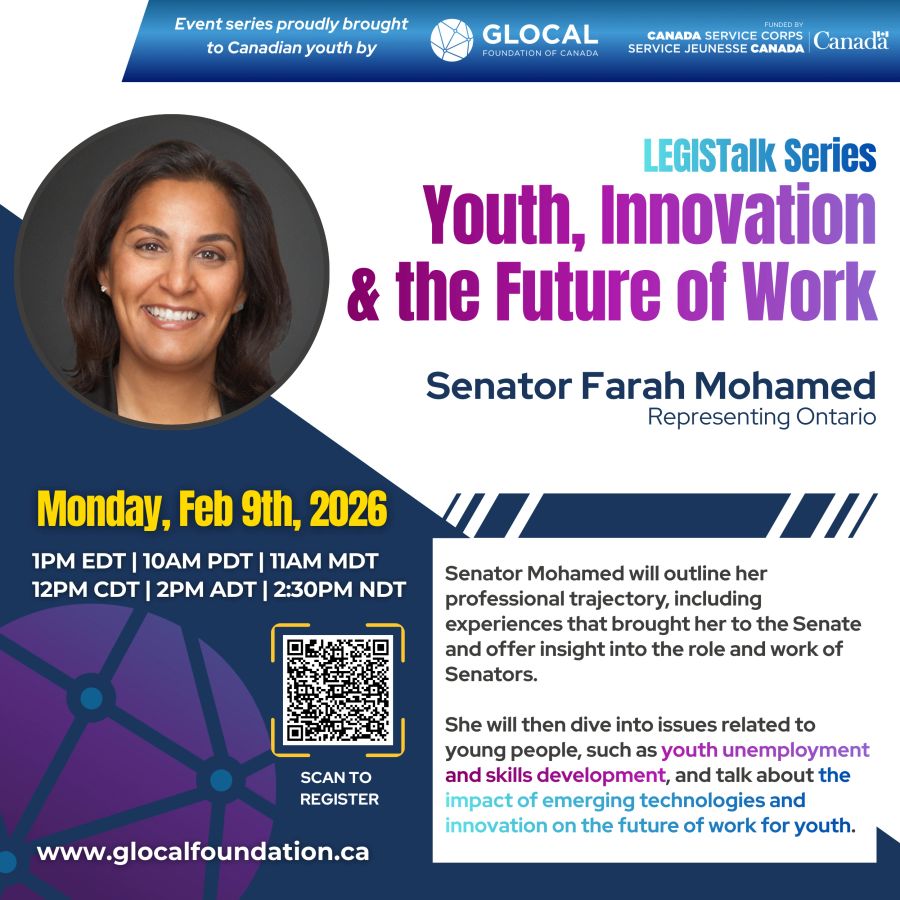 Poster of Senator Farah Mohamed speaking at a GLOCAL LEGIStalk series about youth and future of work