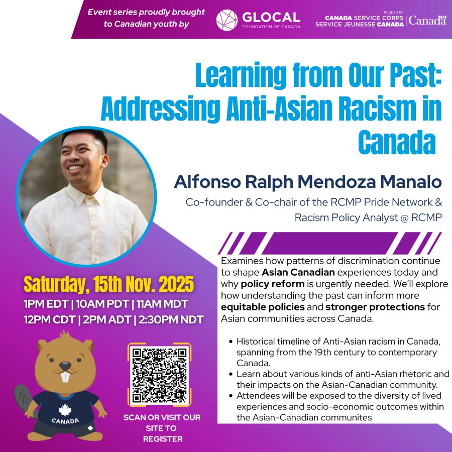 Alfonso Ralph Mendoza Manalo addressing anti-asian racism in Canada at a GLOCAL event.