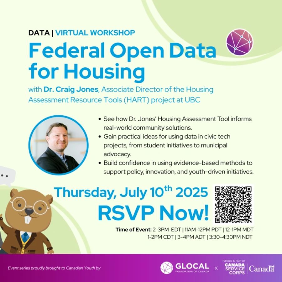 Virtual workshop on Federal Open Data for Housing with Dr. Craig Jones. Hosted by GLOCAL foundation of Canada and funded by CSC