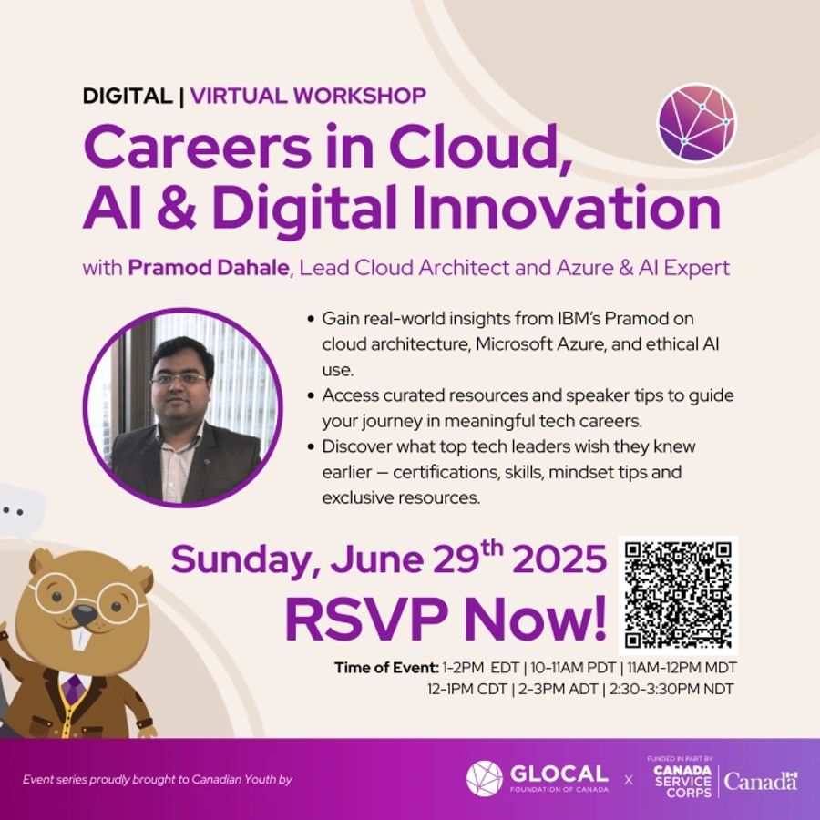 Poster of a virtual workshop for Careers in Cloud, AI and digital innovation. Hosted by GLOCAL