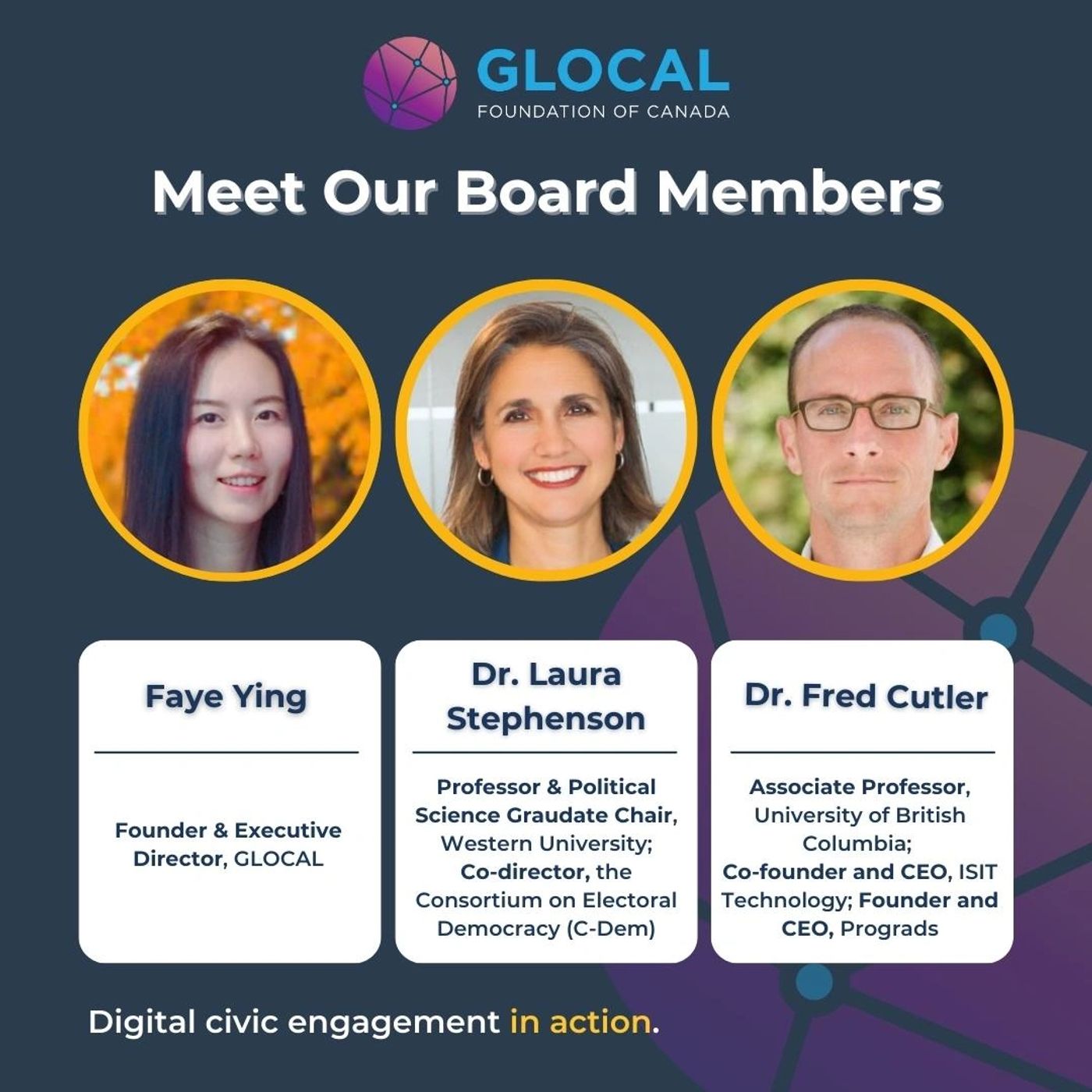 GLOCAL Foundation of Canada's board members, including founder Faye Ying and professors Dr. Laura Stephenson and Dr. Fred Cutler.