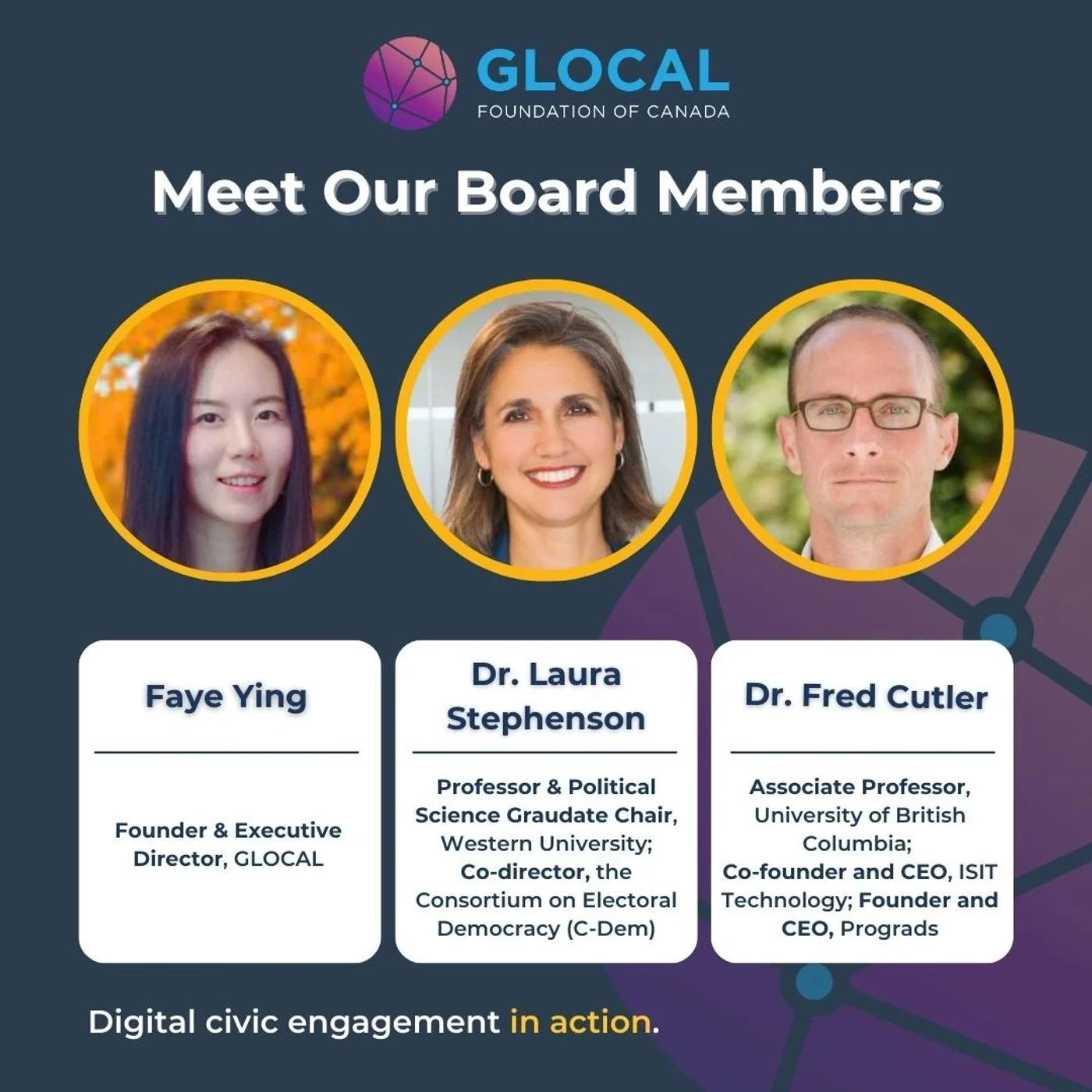 GLOCAL Foundation of Canada's board members, including founder Faye Ying and professors Dr. Laura Stephenson and Dr. Fred Cutler.