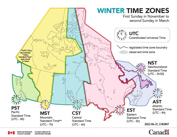 Diagram of Canadian time zones showing when GLOCAL information sessions run at 12 PM and 3 PM Eastern across the country