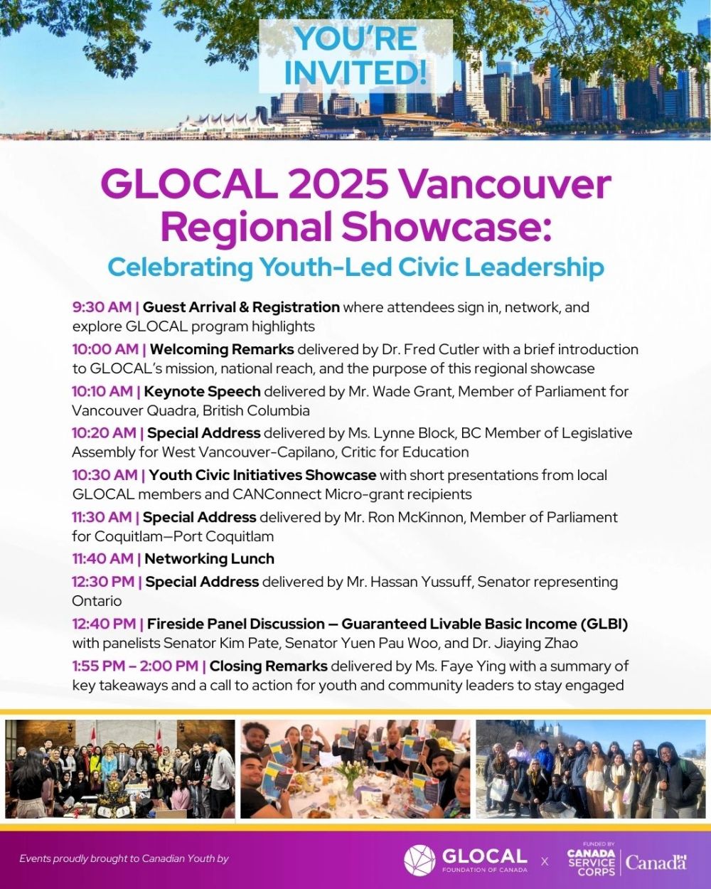 Poster for the GLOCAL 2025 Vancouver Regional Showcase, with the full agenda and participant photos