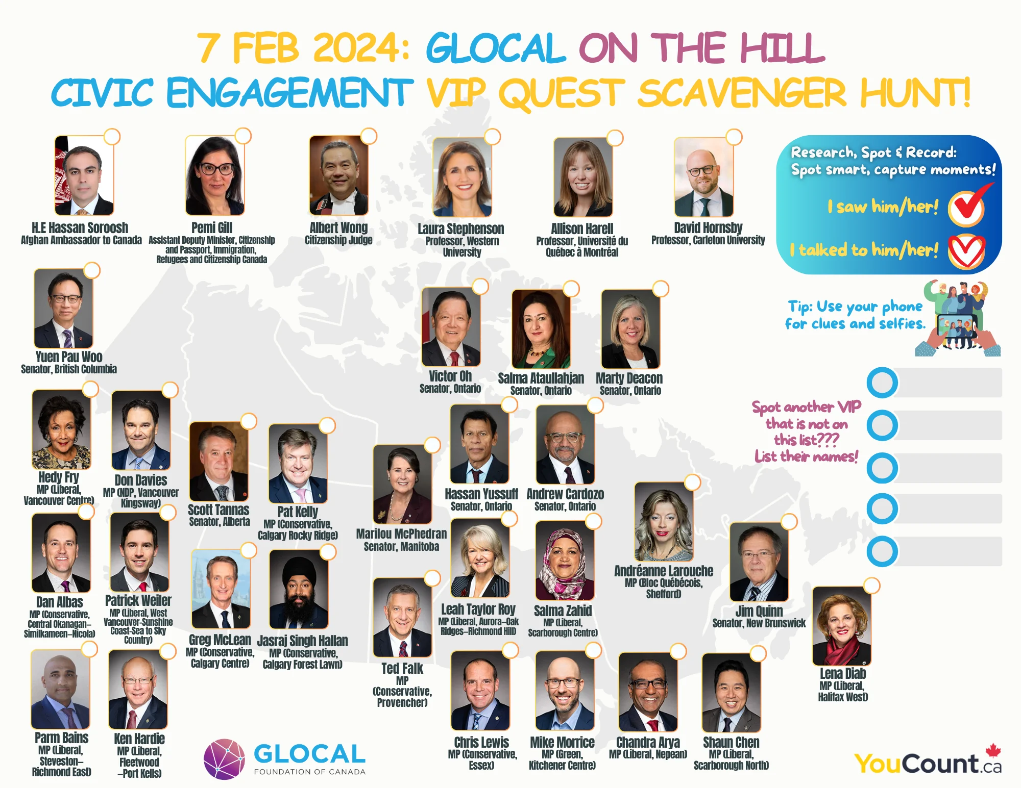 Archived February 7, 2024 civic engagement scavenger hunt activity sheet featuring guests from that event.